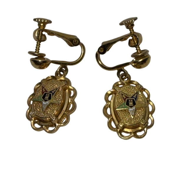 Source Unknown Jewelry - Vintage Eastern Star‎ Masonic Screw Back Dangle Earrings Gold Tone Enamel Women